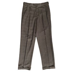Stafford 34x34 pleated brown windowpane dress pants w/ cuffs pockets belt loops